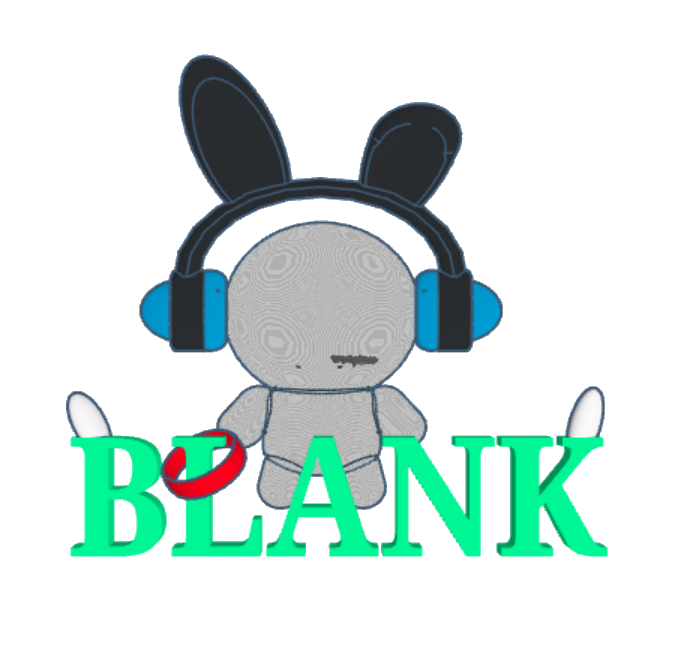 The Blank logo: a grey doll wearing headphones and bunny ears
